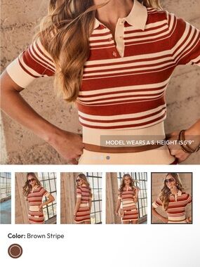 Vici Brown and Cream Striped Short Sleeve Button Down Top